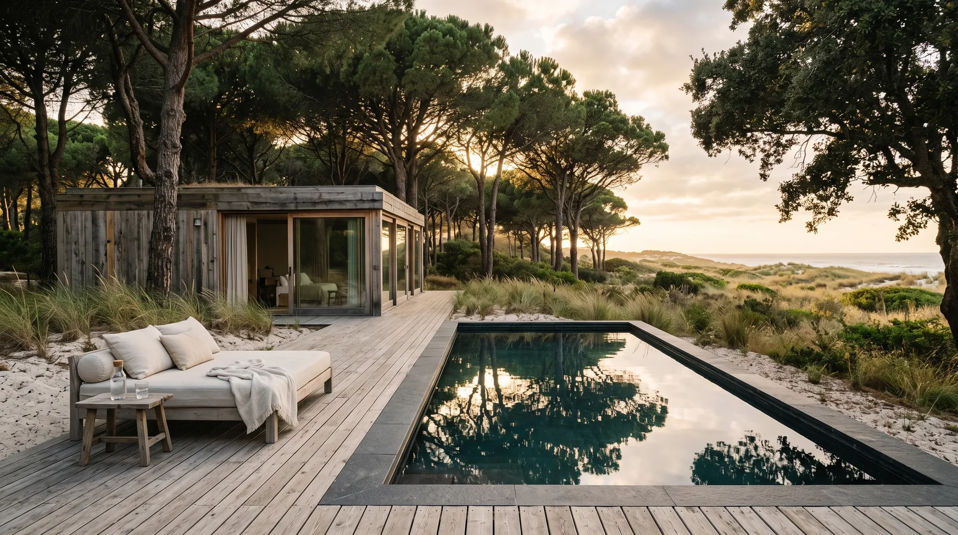 Timber deck and a dark pool among umbrella pines and dunes in soft evening light