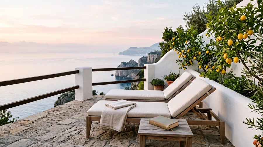 Two sun loungers on a quiet whitewashed terrace above the sea