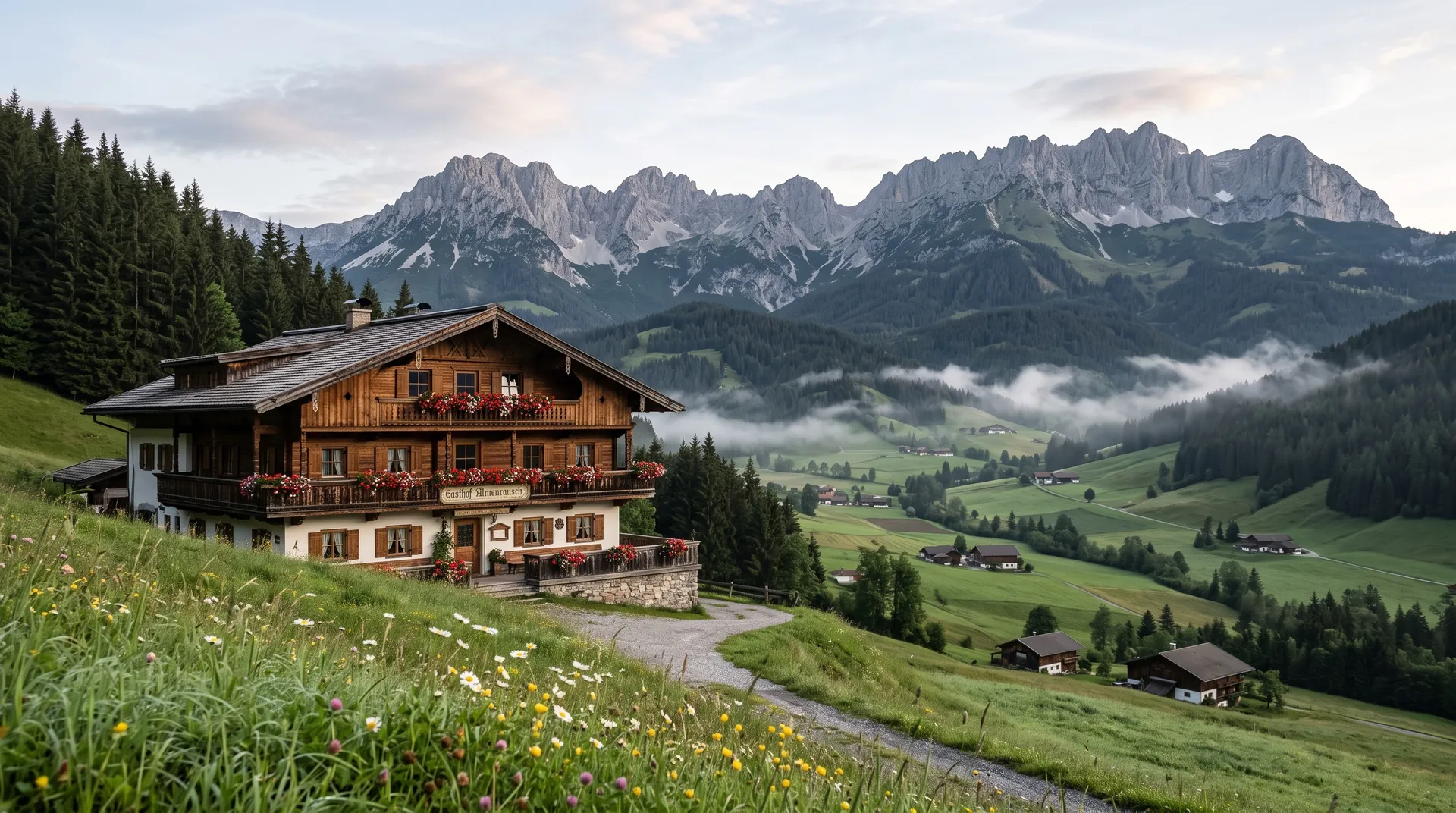 Timber chalet on a green alpine meadow with limestone peaks in summer