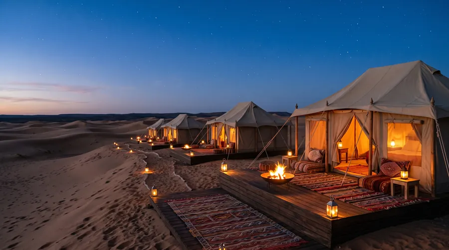 Canvas tented suites with glowing lanterns in the dunes at blue hour