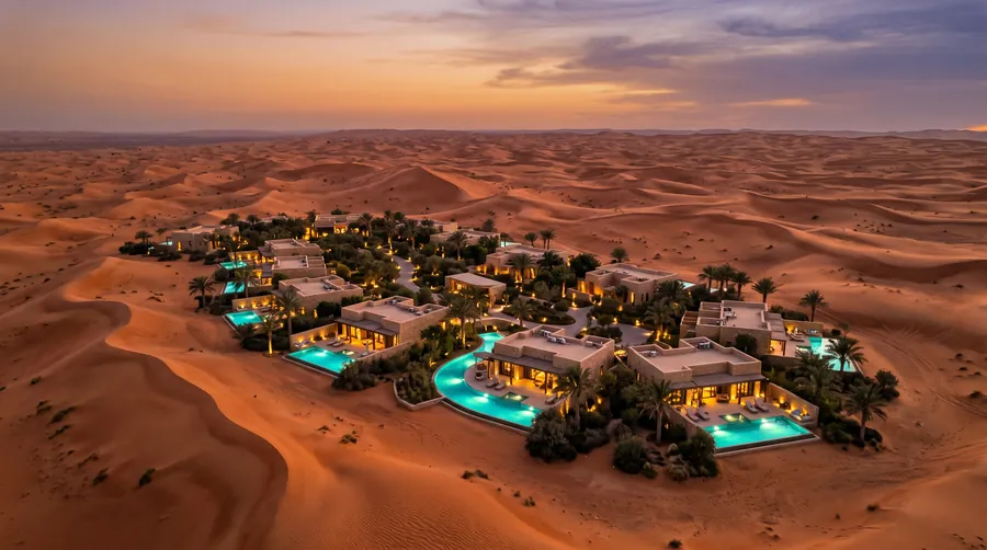 Desert resort pavilions and glowing pools among orange dunes at dusk