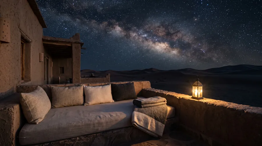 Daybed on a desert terrace under the Milky Way