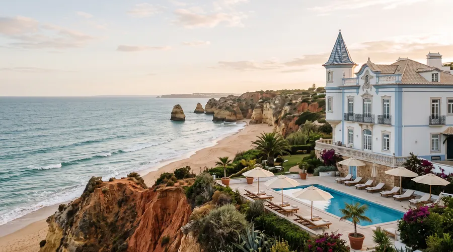 Seafront villa hotel with a pool above golden cliffs and a sandy beach