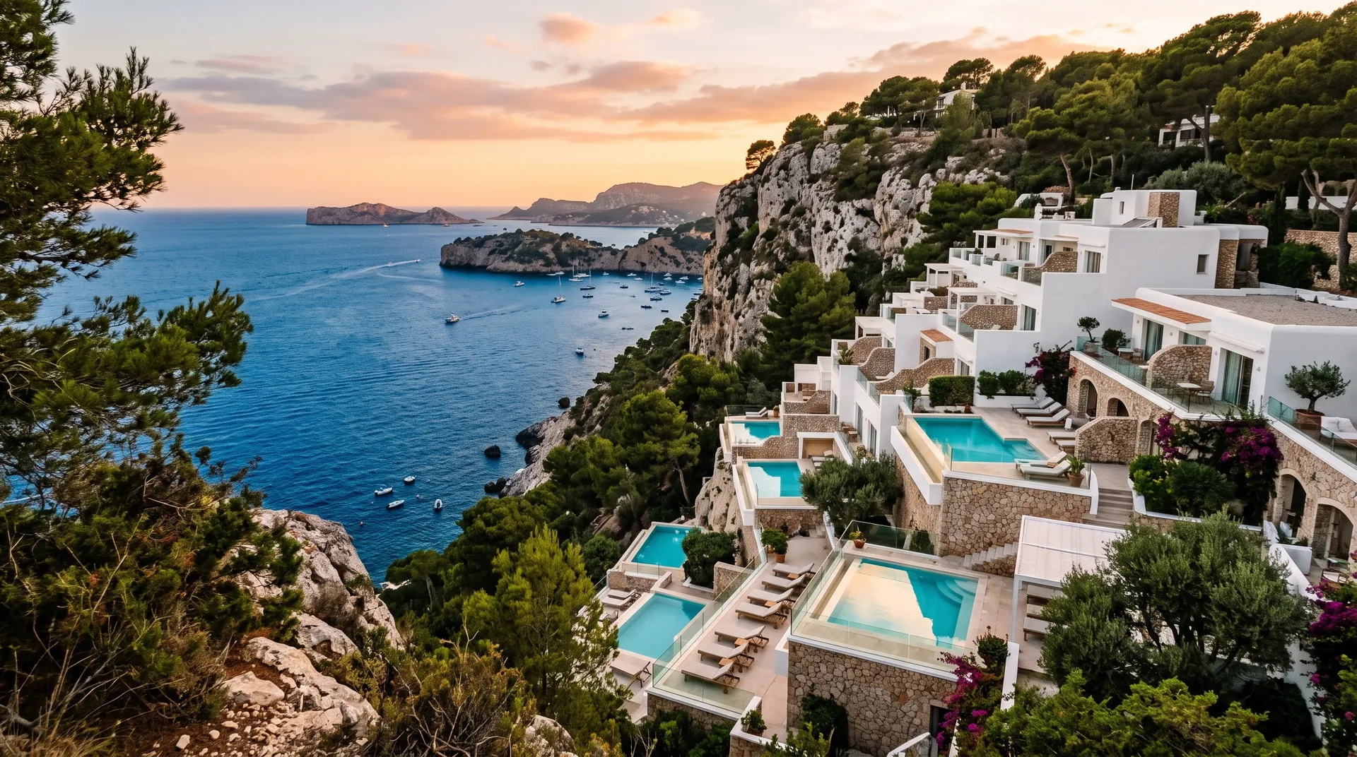 White terraces and pools stepping down a cliff above a bay in Ibiza