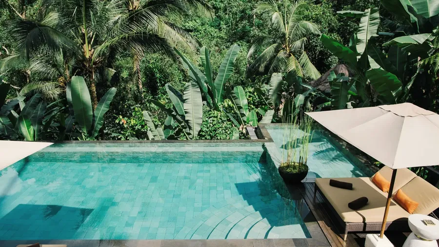 Villa pool framed by dense jungle in Bali