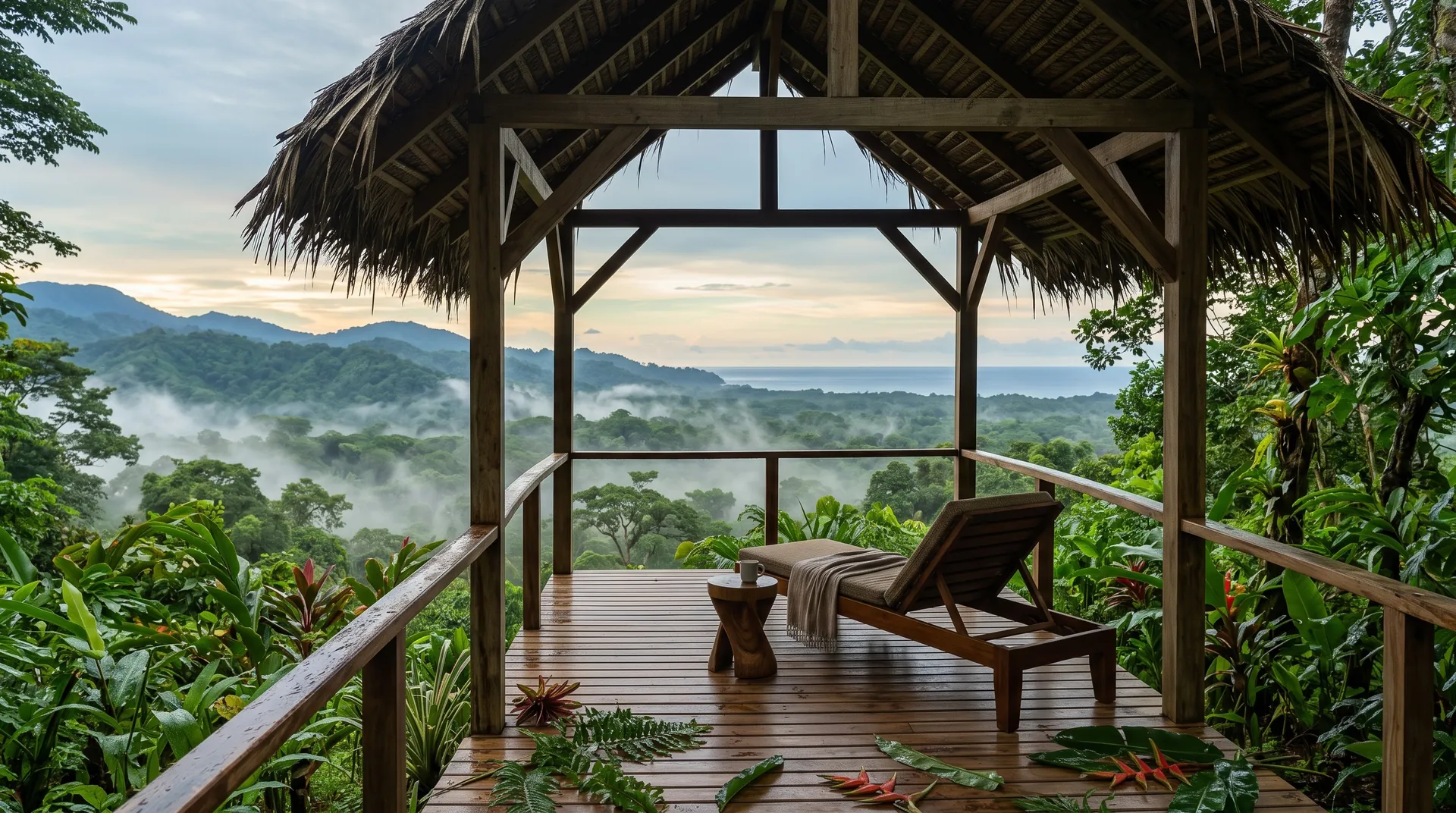 Open timber pavilion on a rainforest ridge with mist lifting at dawn