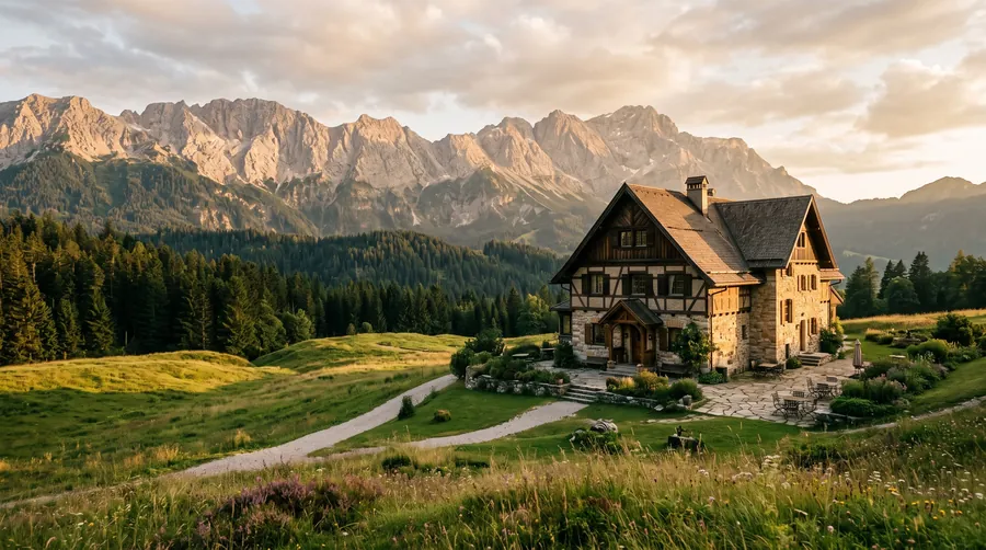 Chalet hotel on an alpine meadow below jagged limestone peaks