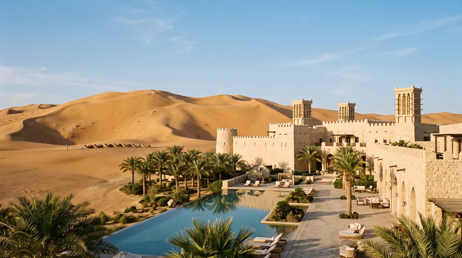 Sandstone desert resort with wind towers and a pool below golden dunes