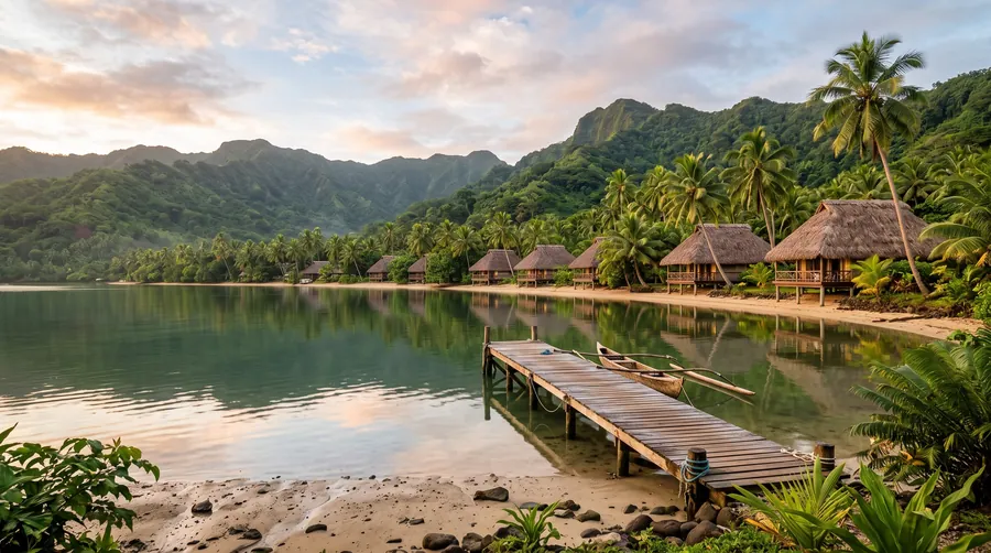 Thatched bungalows among coconut palms on a calm bay in Fiji