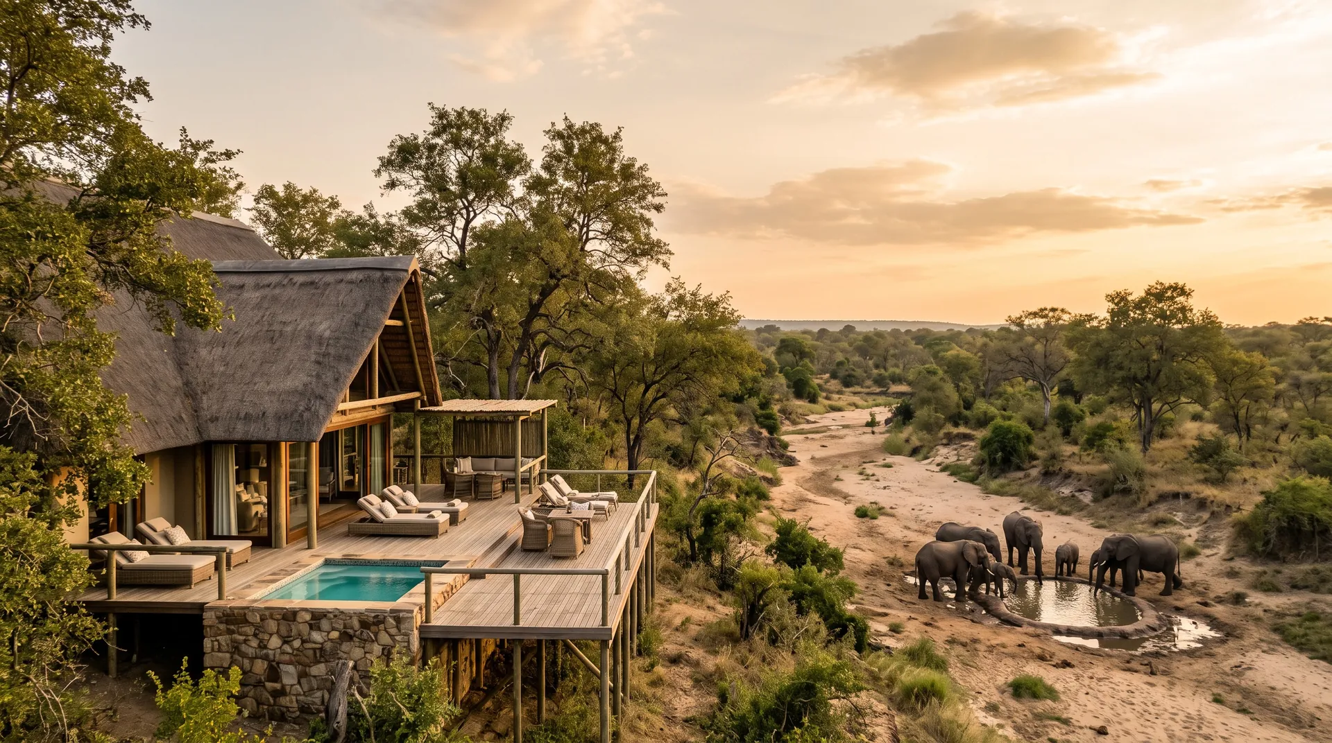 Thatched safari suite with a plunge pool above a riverbed with elephants