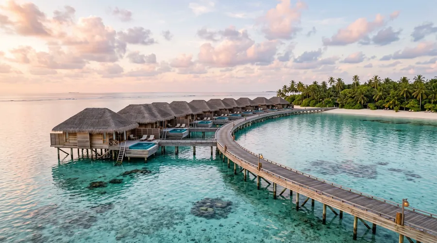 Thatched overwater villas on a curving jetty across a Maldivian lagoon