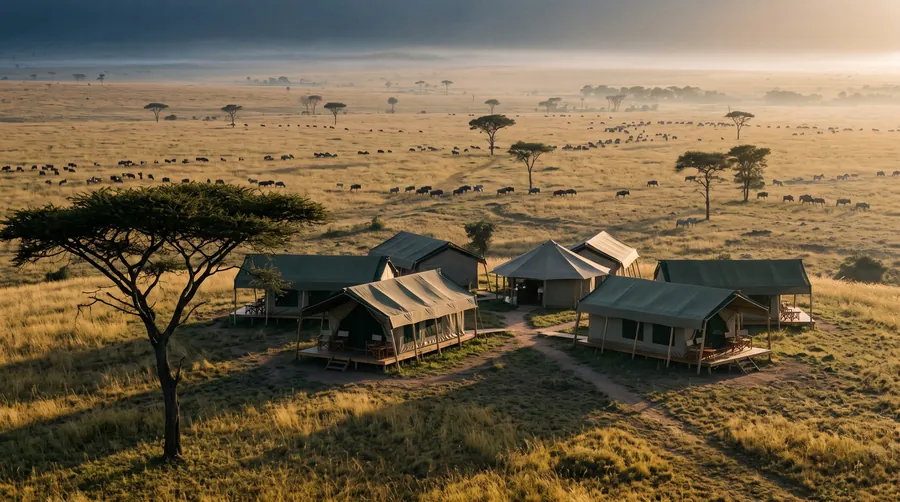 Small tented camp on a low rise above golden grassland at dawn