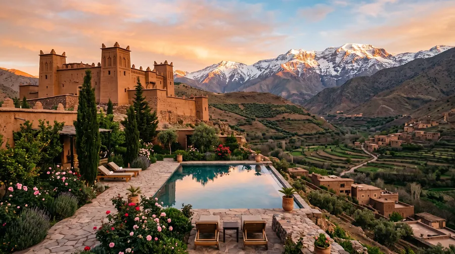 Earthen kasbah with towers and a pool on a hilltop in the High Atlas