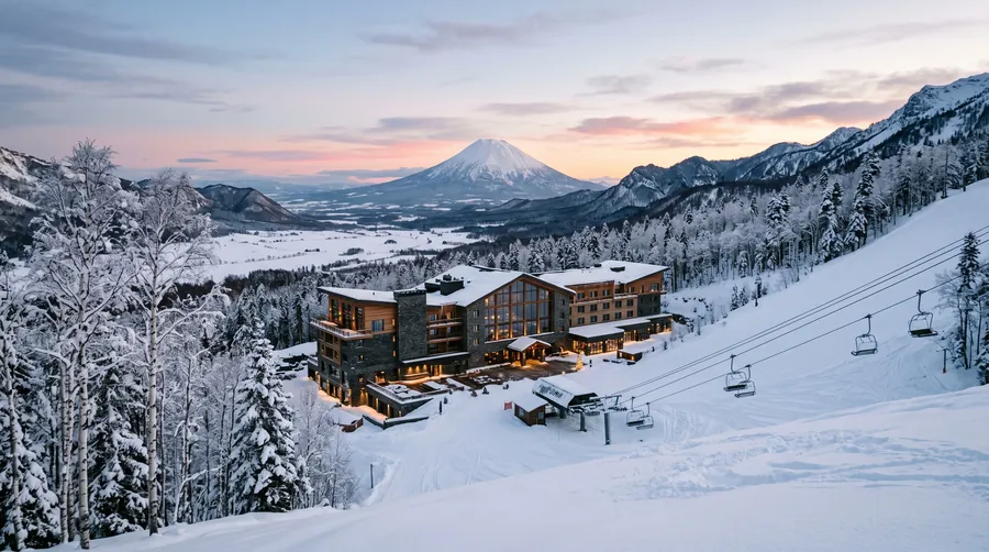 Mountain hotel of stone and glass at the foot of a snowy ski slope with a volcano