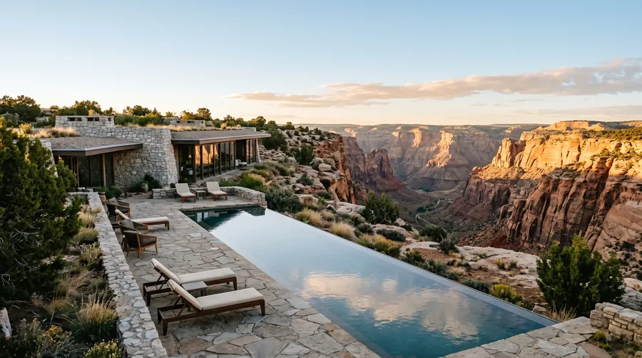 Stone hotel with an infinity pool on the rim of a deep canyon in the Omani mountains
