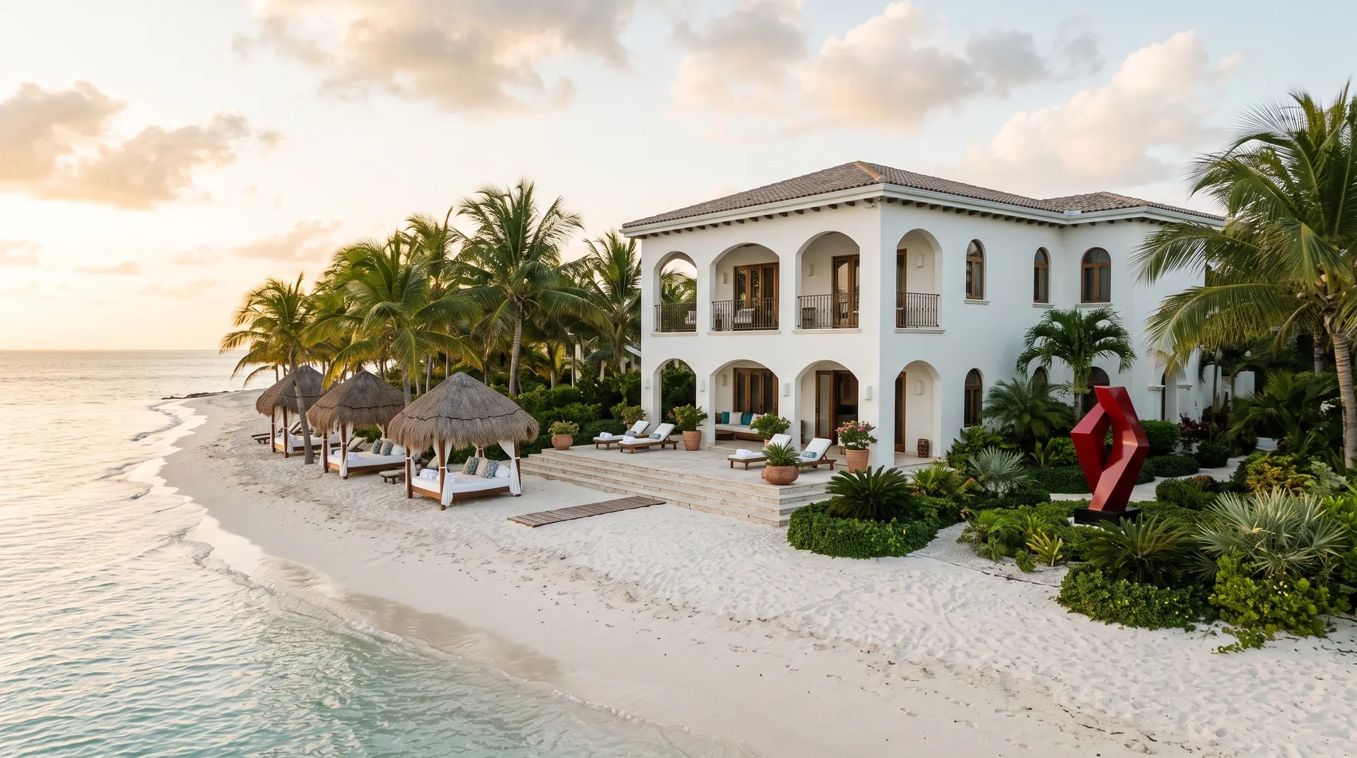 White villa with arches behind palapas on a Caribbean beach