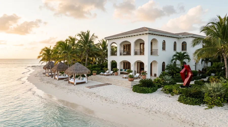 White villa with arches behind palapas on a Caribbean beach