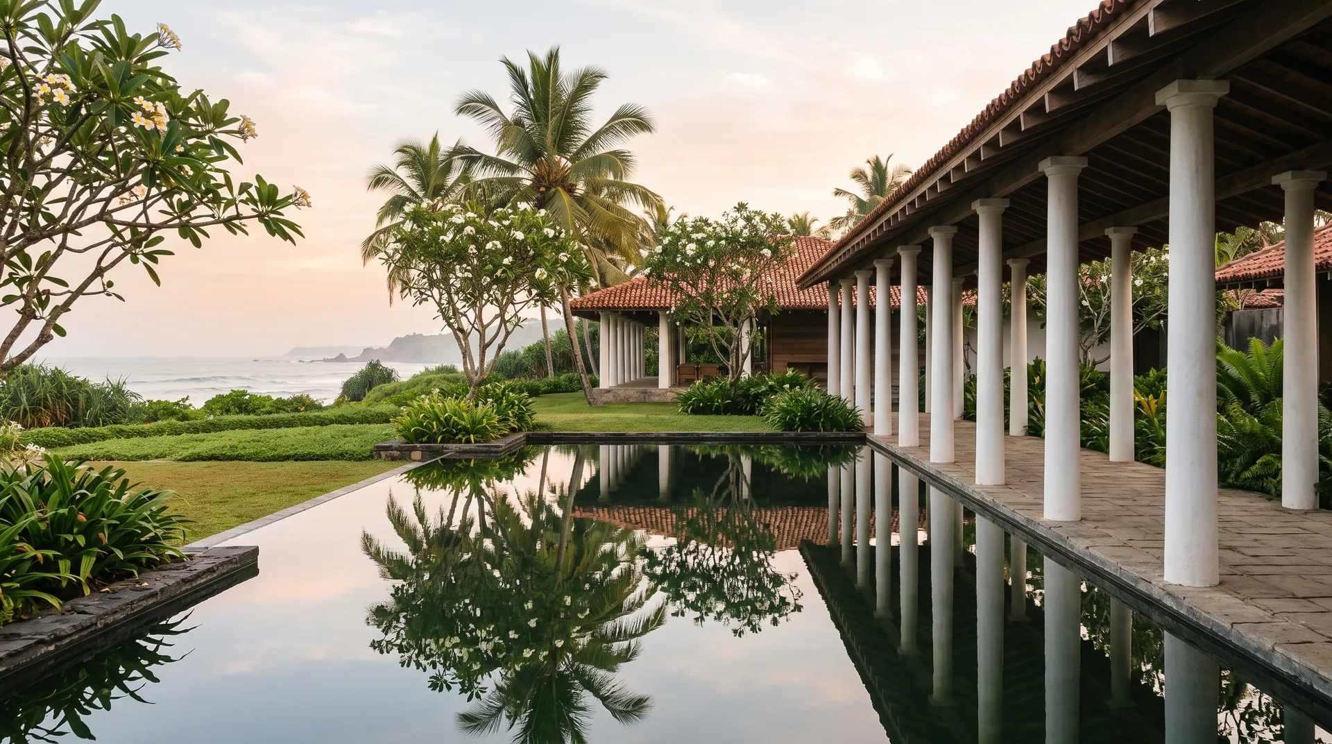 Whitewashed colonnade and a still pool above the south coast of Sri Lanka