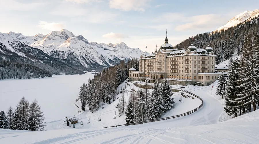 Grand hotel with turrets on a snowy slope above frozen alpine lakes