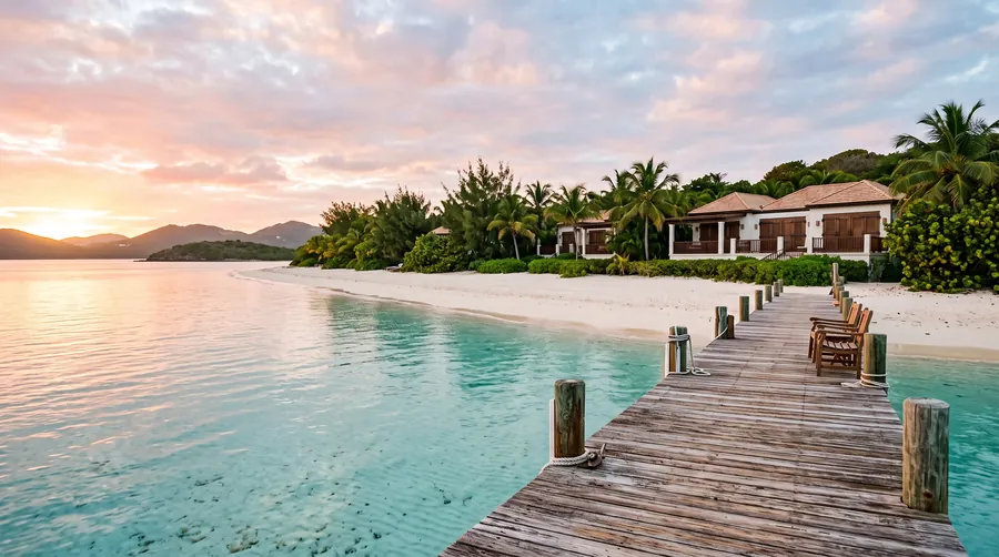 Wooden dock reaching into shallow turquoise water off a white beach at dawn