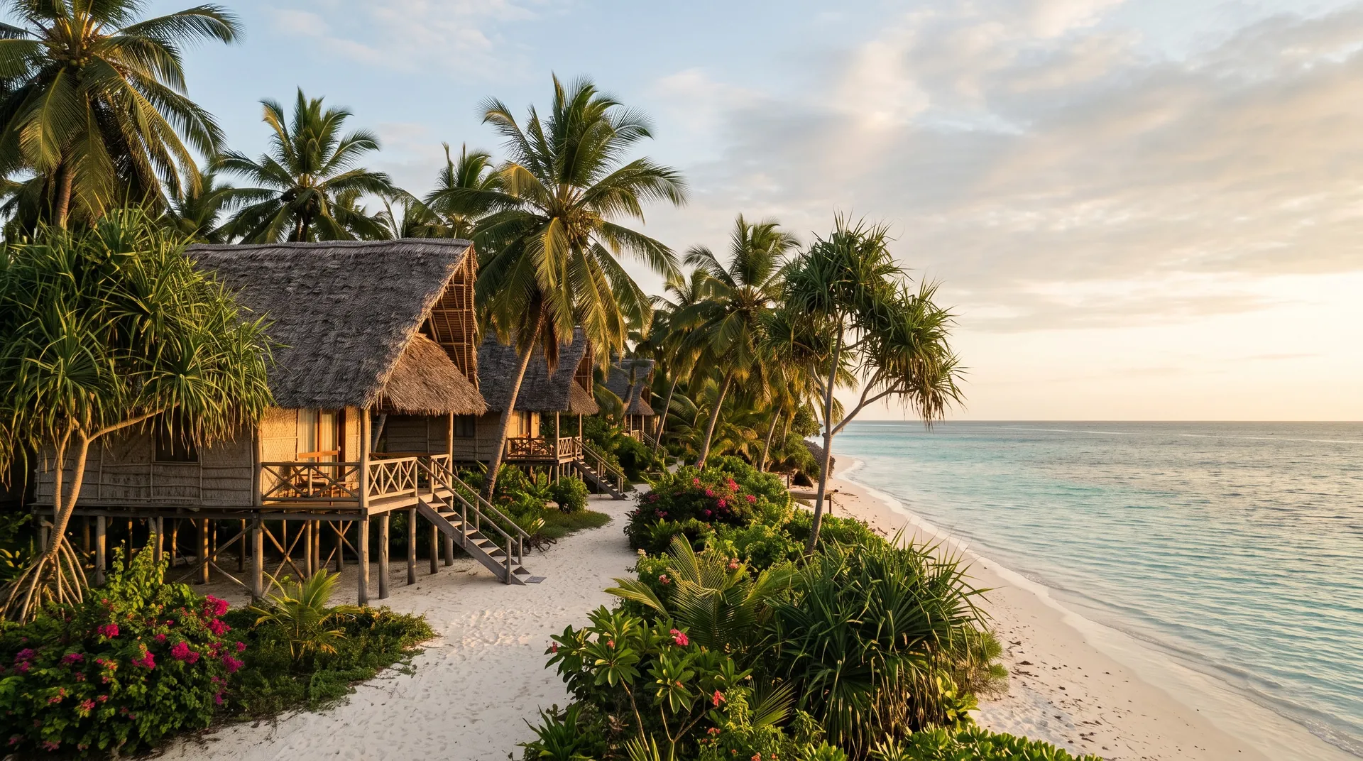 Palm thatched bungalows on stilts above a long white beach in Zanzibar