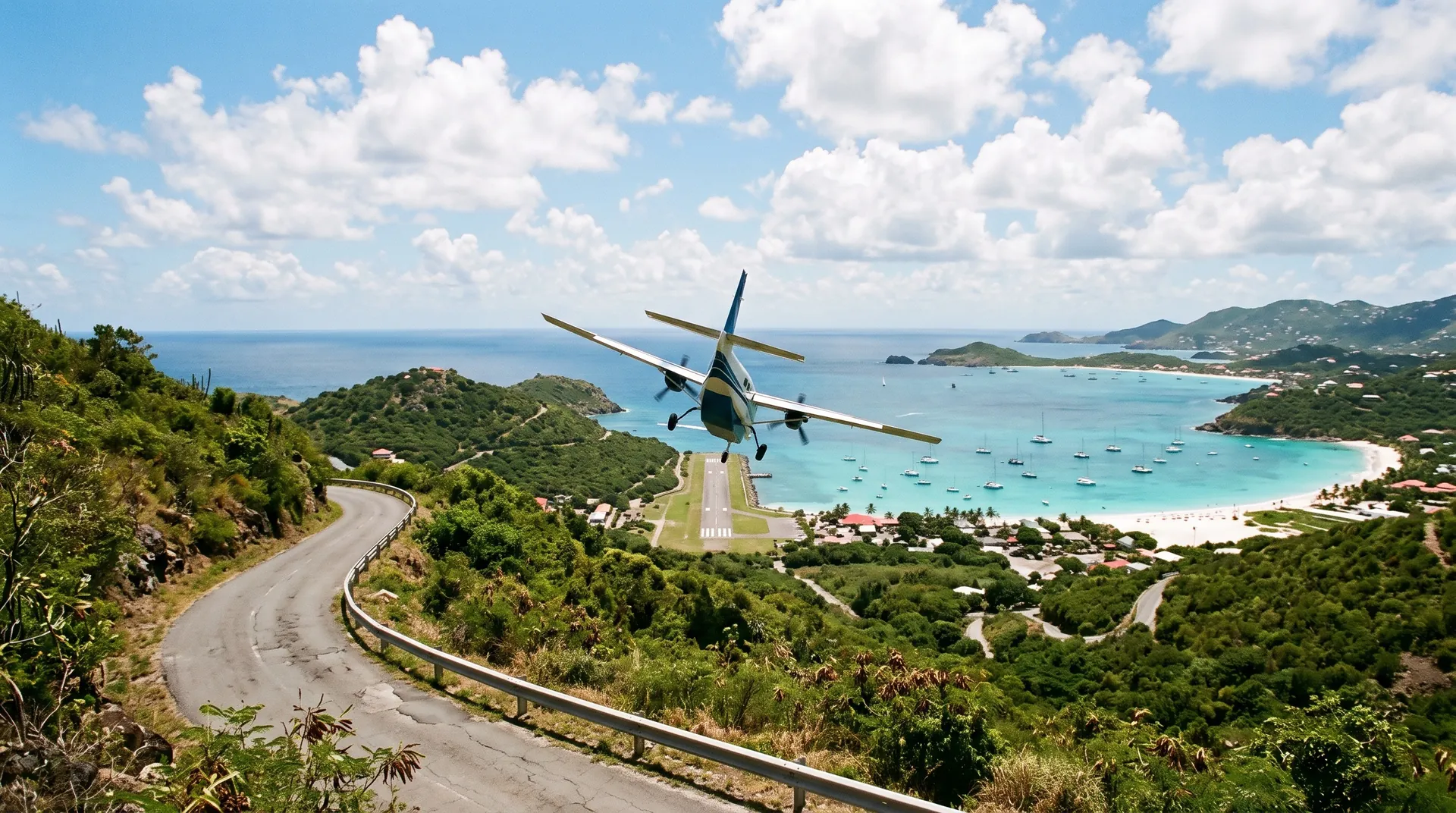 Small aircraft on final approach over a turquoise bay and green hills