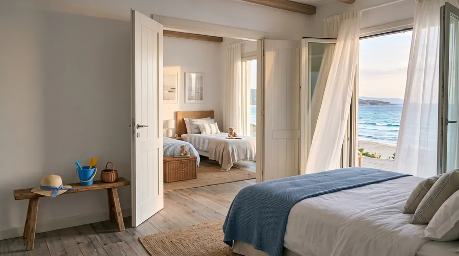 Connecting bedrooms opening onto a sea view in a family suite