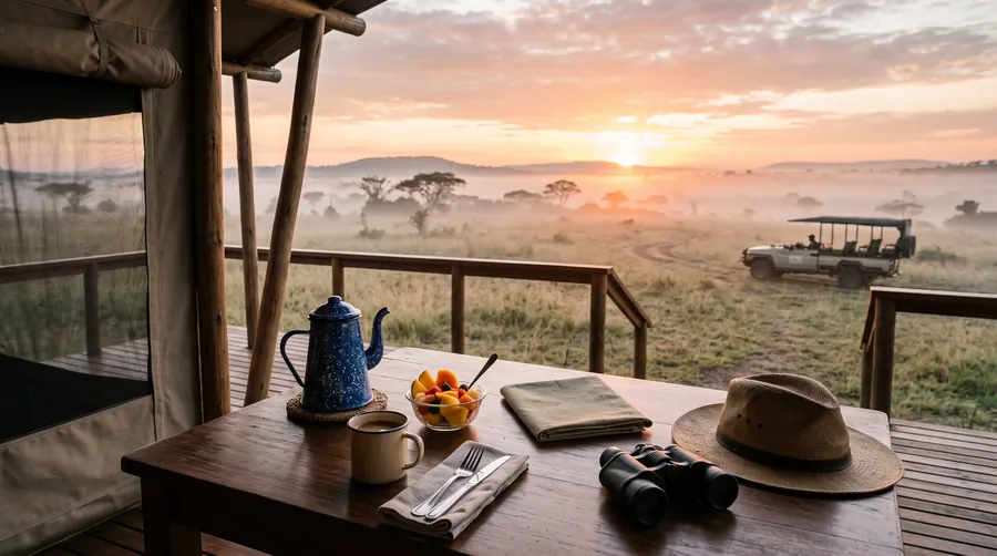 Breakfast with binoculars and a map on a safari tent deck at dawn