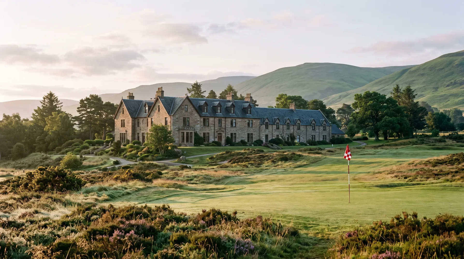 Stone country house hotel seen across a dewy heathland fairway