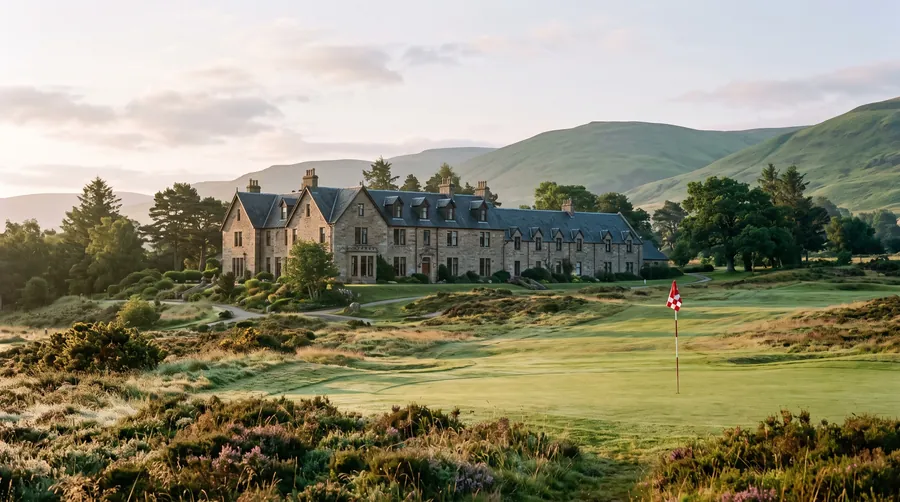 Stone country house hotel seen across a dewy heathland fairway