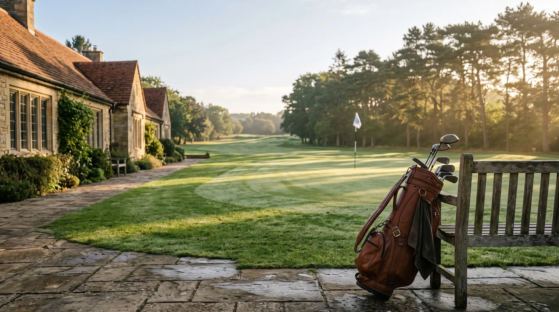 Golf bag on a bench at the edge of a fairway beside a stone hotel in morning light