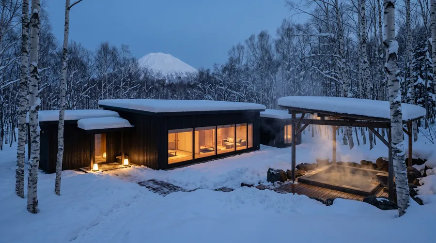 Low timber ryokan with an outdoor hot spring bath in snow among birch trees