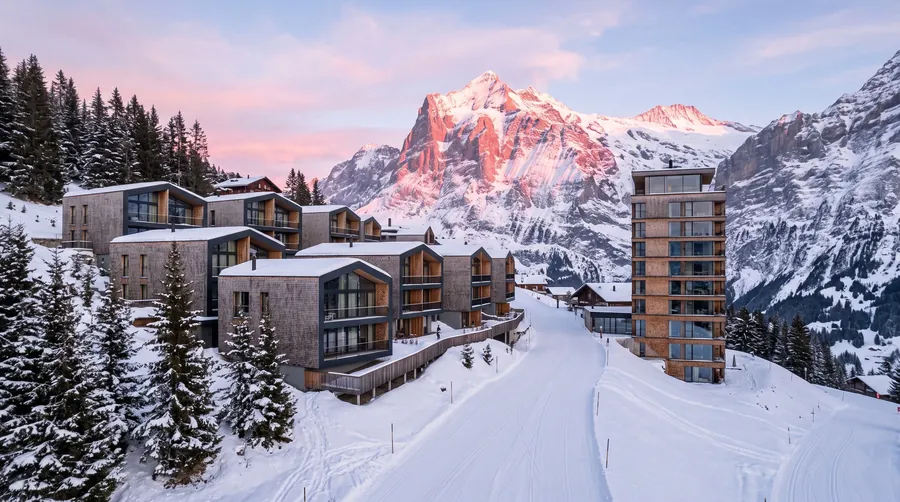 Shingled chalets and a slender hotel tower on a snowy slope below alpine peaks