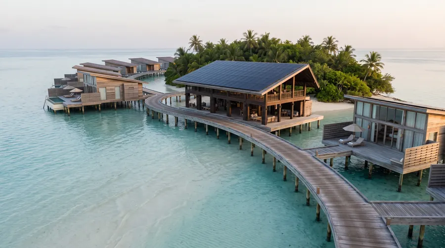 Curved jetty of timber and glass overwater villas above a pale lagoon