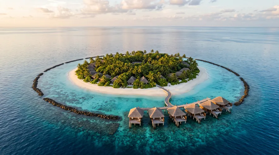 Small round island with overwater villas on a ring of reef in turquoise water