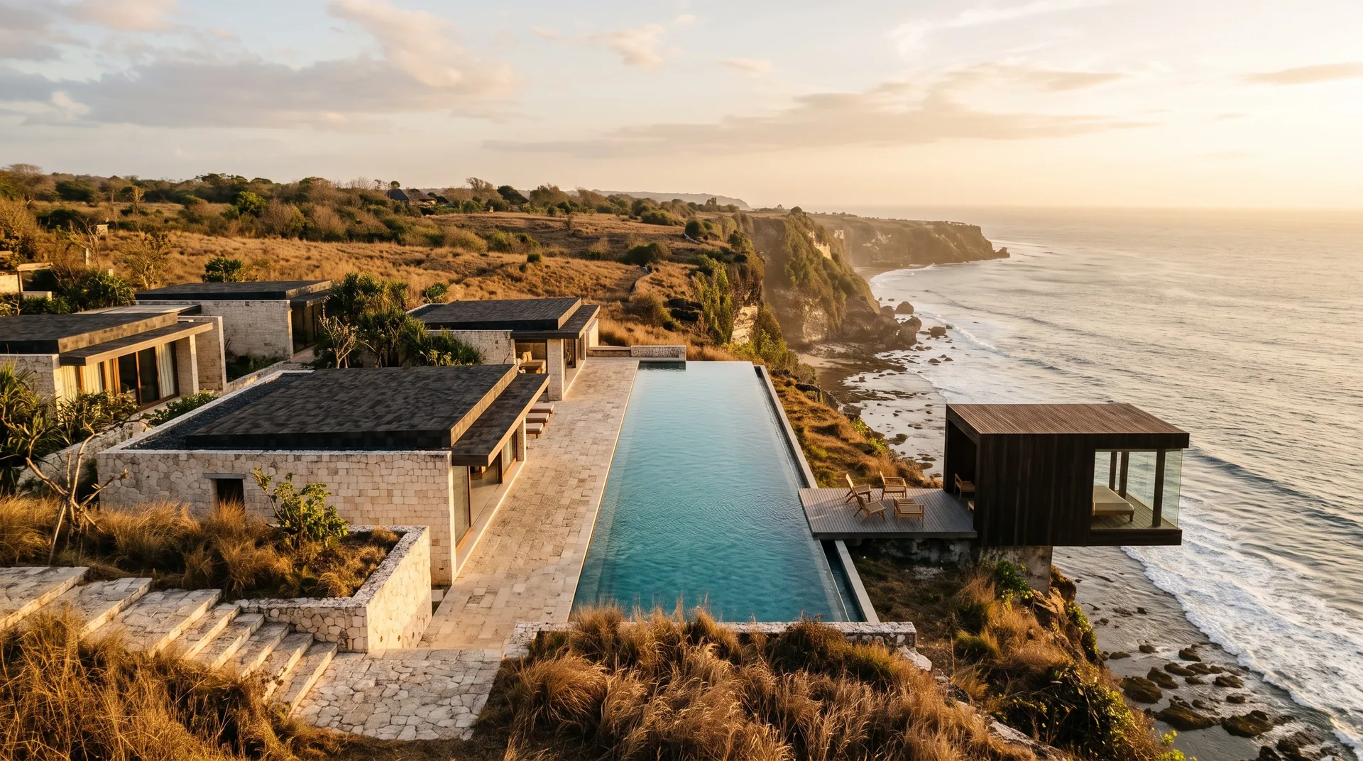 Minimalist clifftop pavilions and a long pool above the ocean
