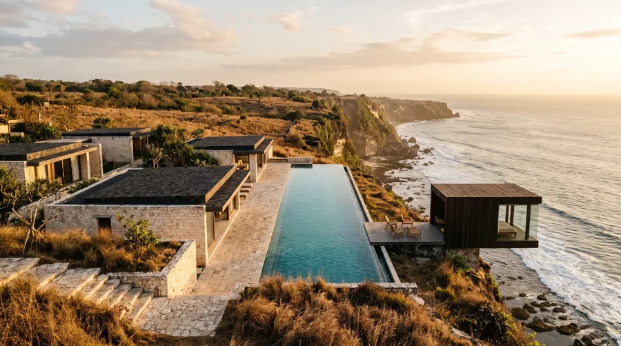 Minimalist clifftop pavilions and a long pool above the ocean