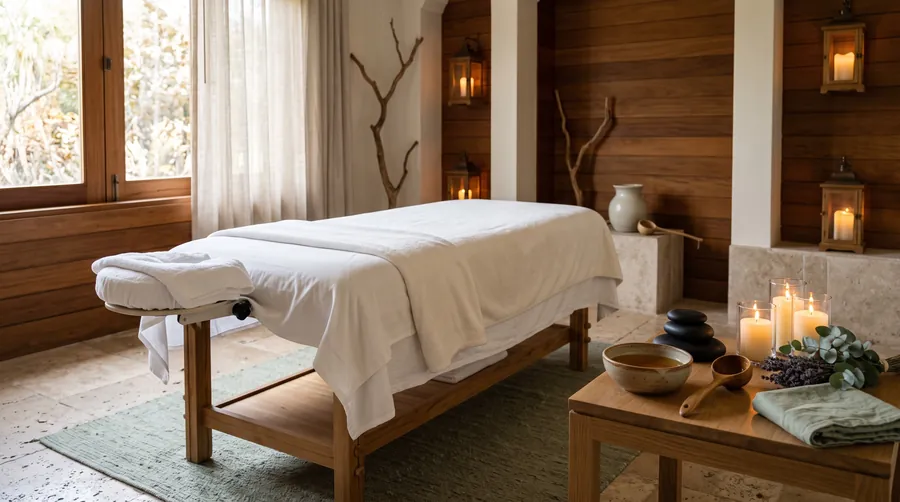 Treatment room with a linen covered massage table and candles