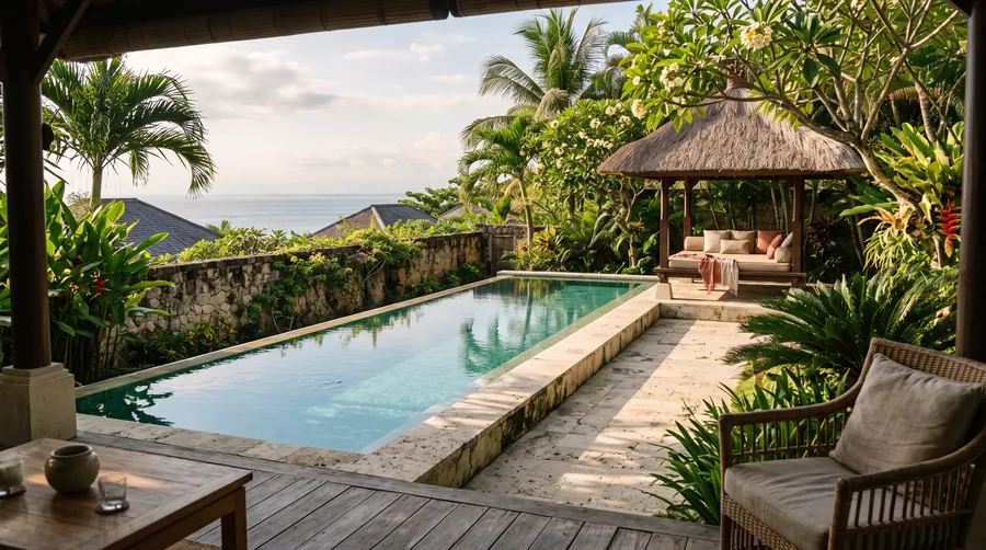 Private pool on a villa terrace with a thatched sala and the sea beyond