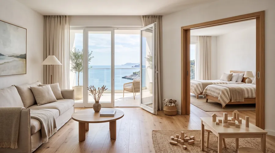 Bright family suite with a small play table and a view of the sea