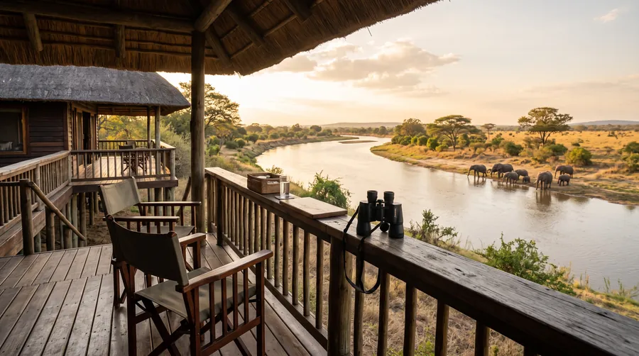 Lodge deck with binoculars overlooking elephants at a river bend