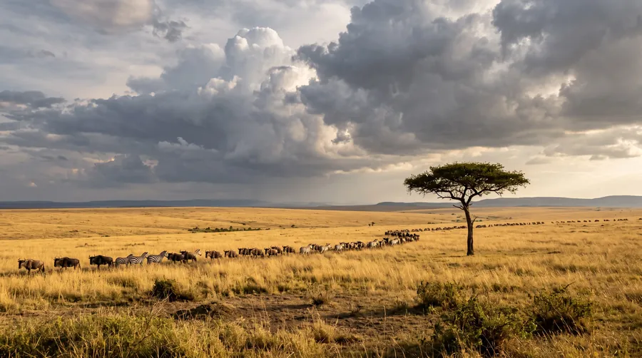 Wildebeest and zebra crossing golden grassland under storm clouds