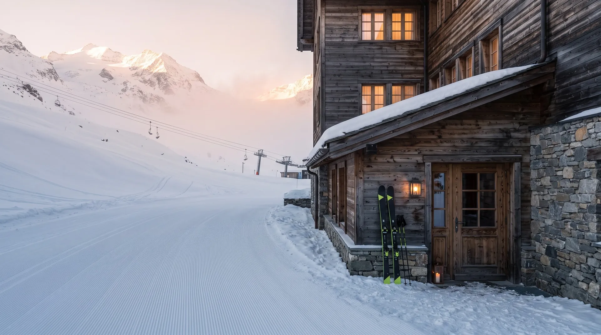 Alpine chalet hotel standing directly beside a groomed piste in the morning