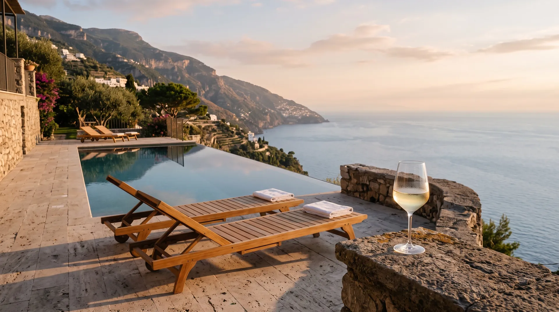 Empty cliffside infinity pool with a sun lounger and a glass of wine