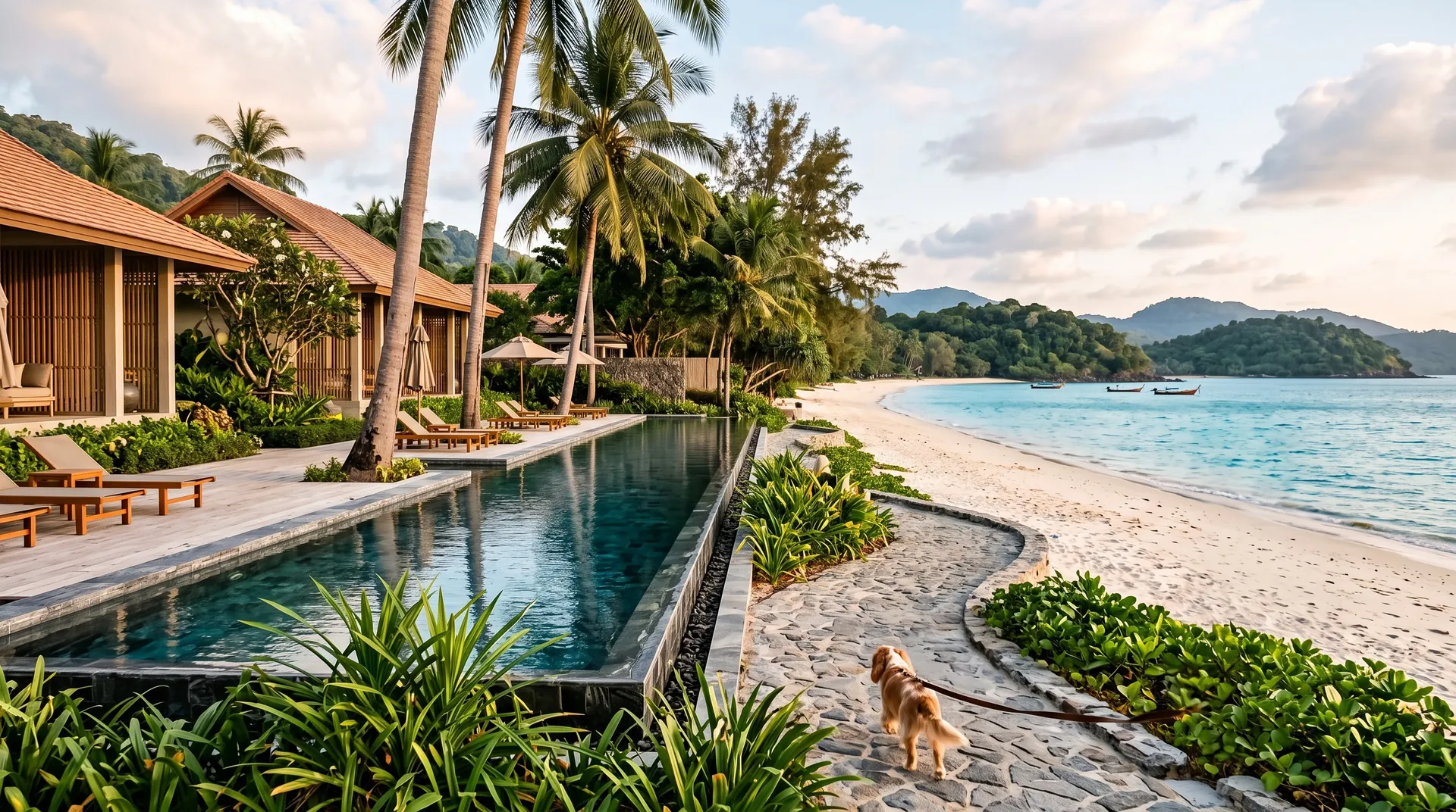 Long palm shaded pool running beside a quiet tropical beach