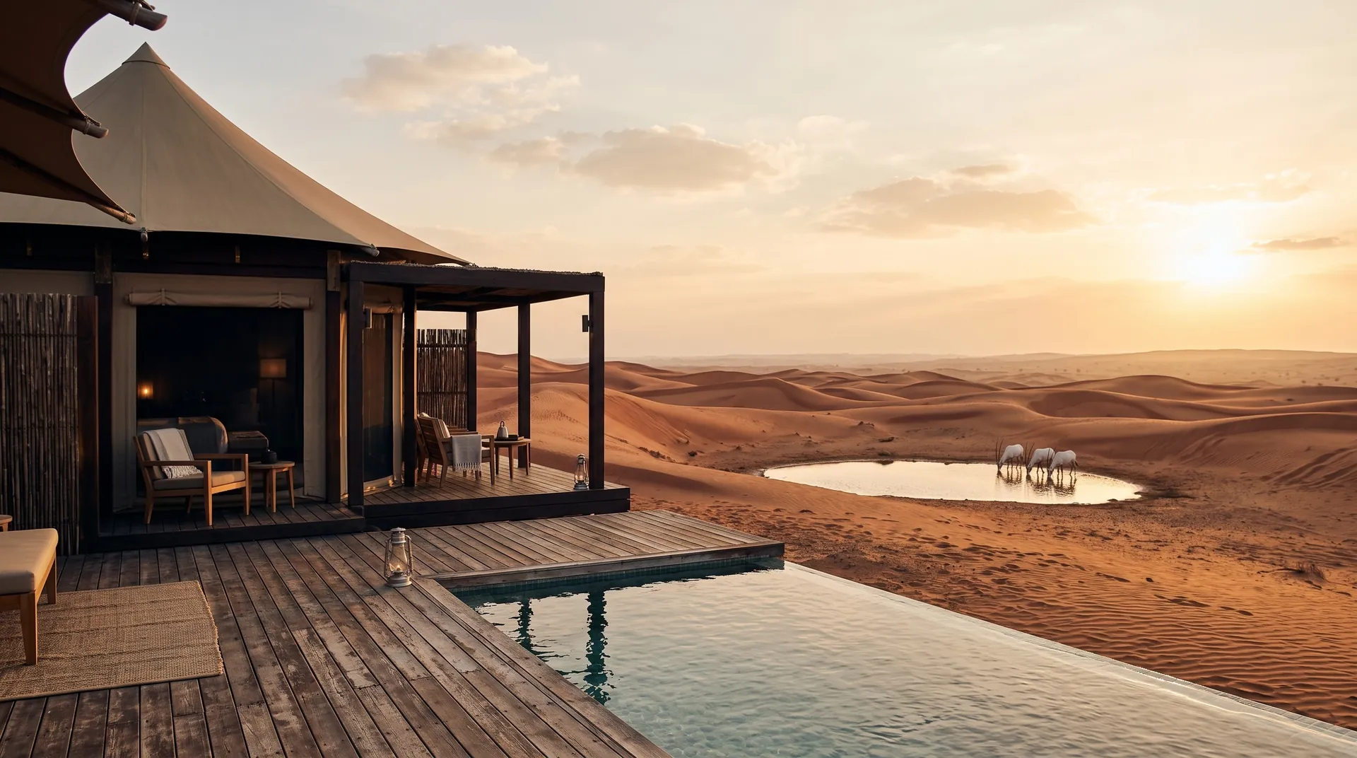 Tented suite with a private pool on a deck facing red dunes at sunset