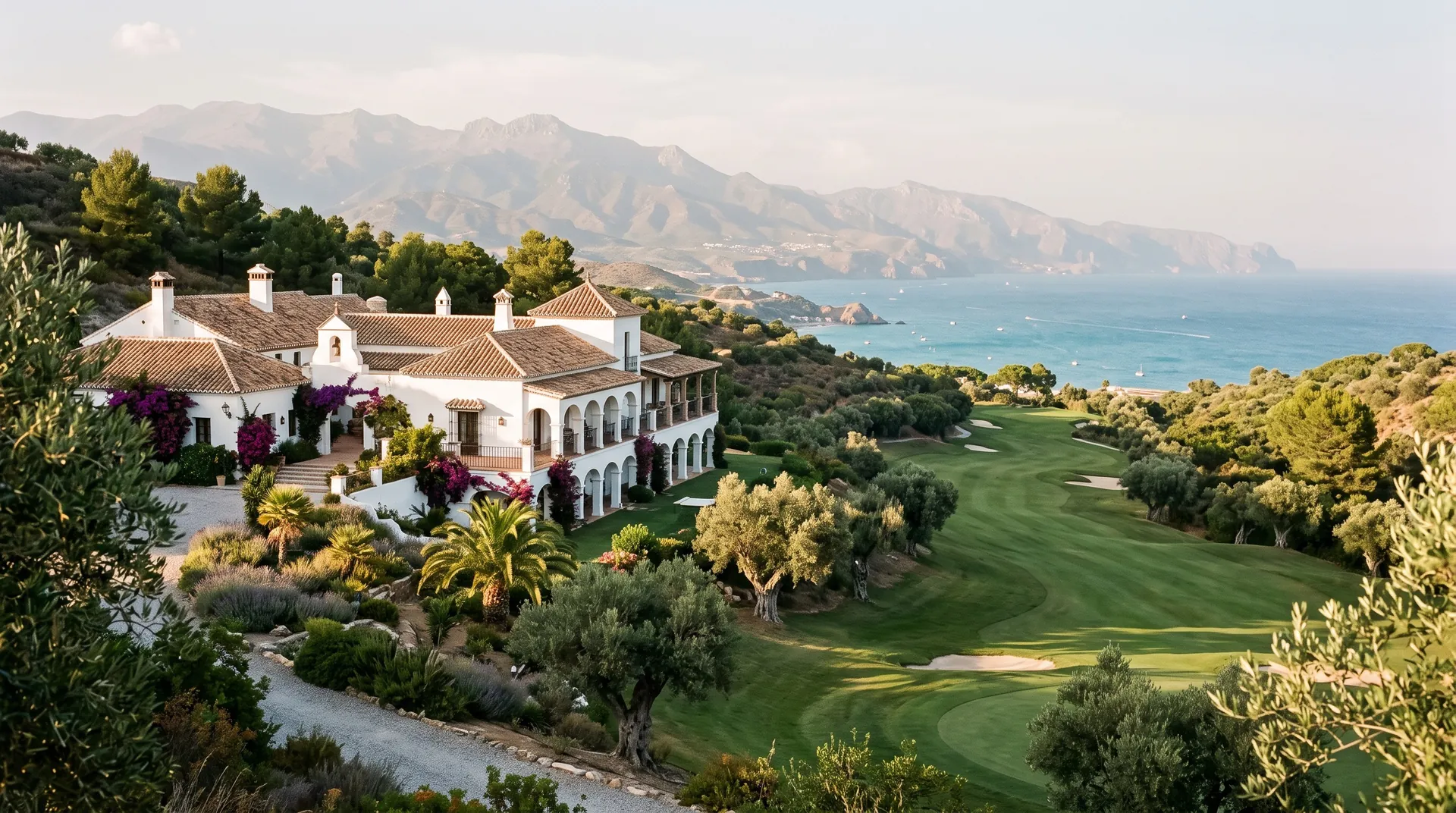 Whitewashed country estate above a fairway lined with olive trees and the sea