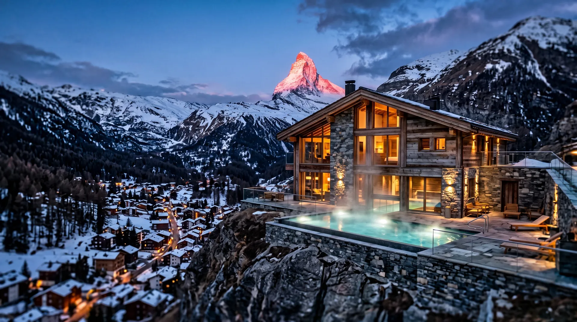 Mountain hotel with a glowing outdoor pool above a snowy village at dusk