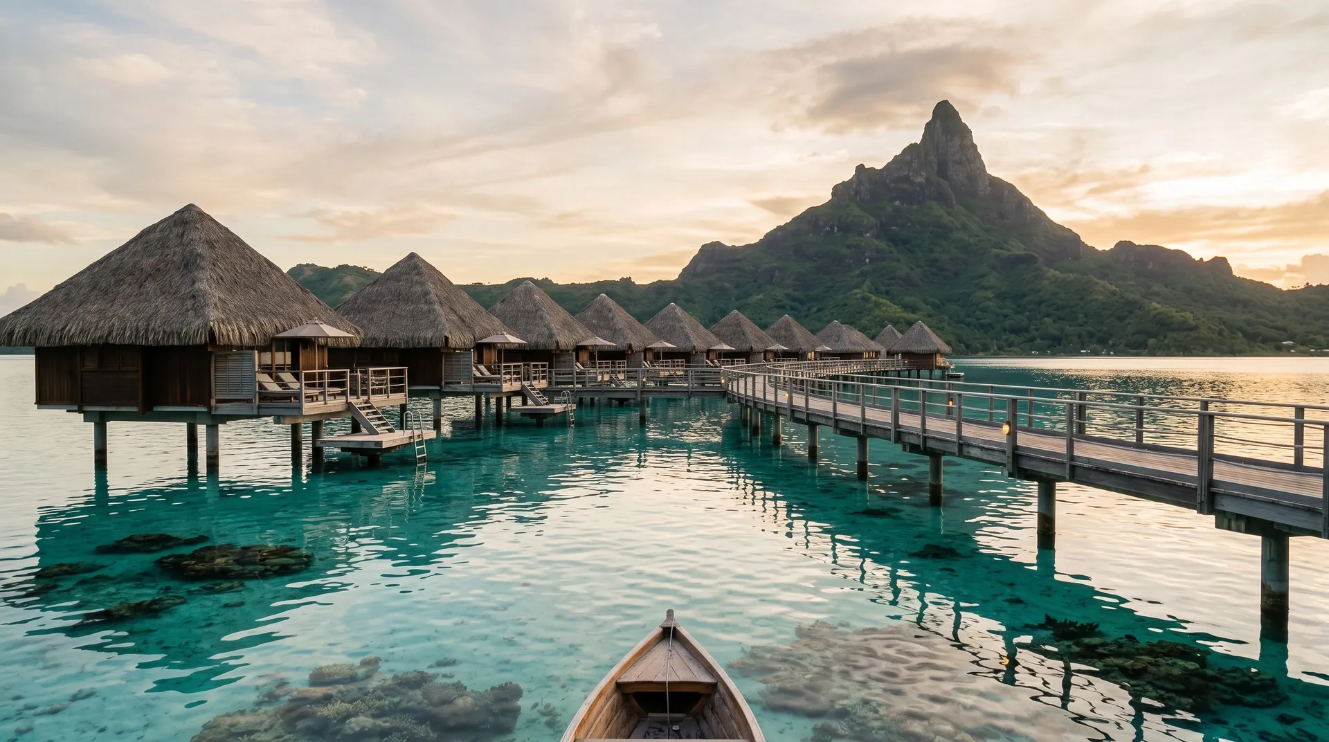 Thatched overwater bungalows on a jetty below a steep green volcanic peak