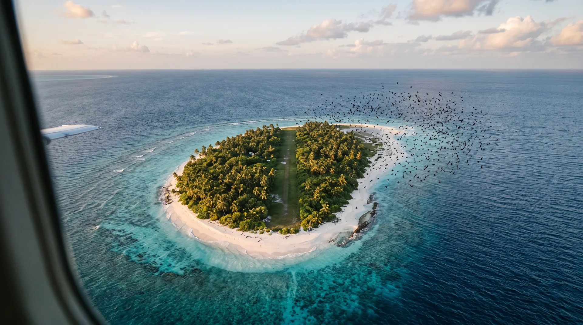 A flat coral island in a deep blue ocean seen from a small aircraft